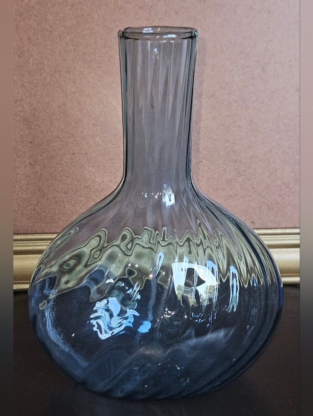 Hand-Blown Blue-Gray Glass Vase w Classic Bulbous Body and Optic Swirl Neck